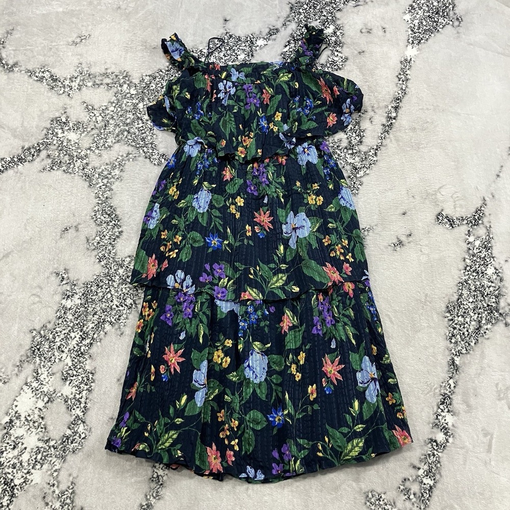 Club Monaco 100% Silk Floral Cold Shoulder Dress Womens Size 6‎ Ruffle Tiered